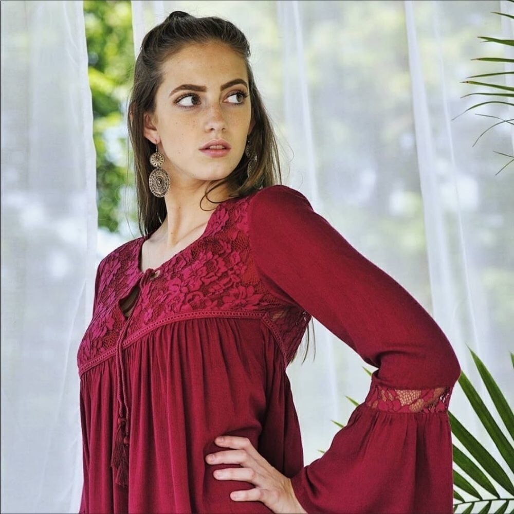 Burgundy M Tunic Dress Tassel Tie Lace Details Bell Sleeves Back Keyhole - Picture 3 of 4